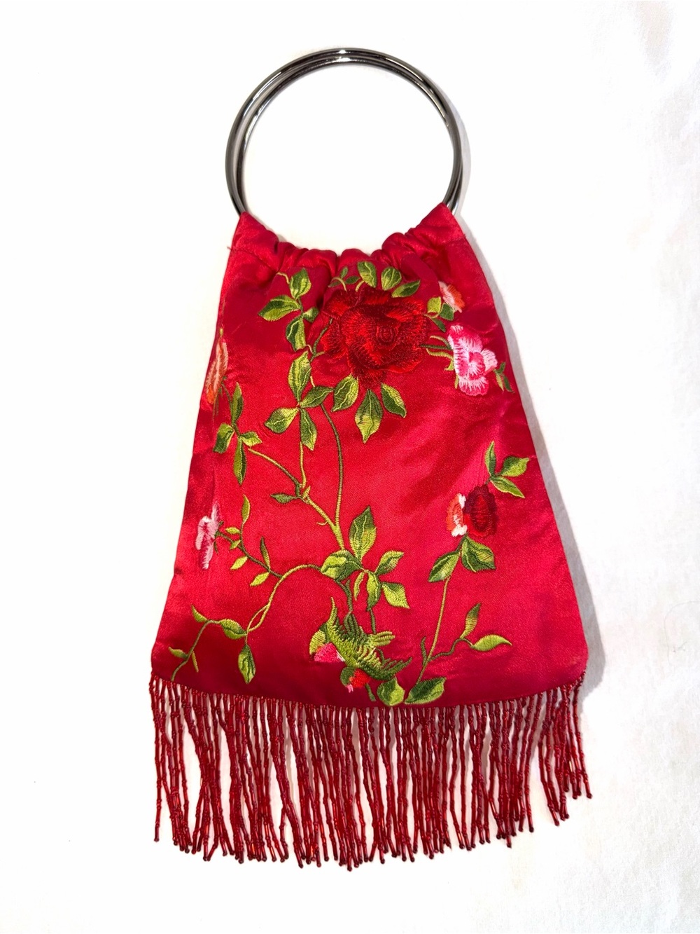 Vintage Red Satin Embroidered Floral Beaded Fringe Ring Handle Evening Bag
